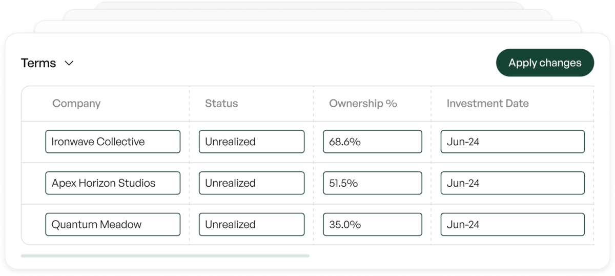 Terms screen listing portfolio companies with status, ownership percentage and investment date, with an Apply changes control.